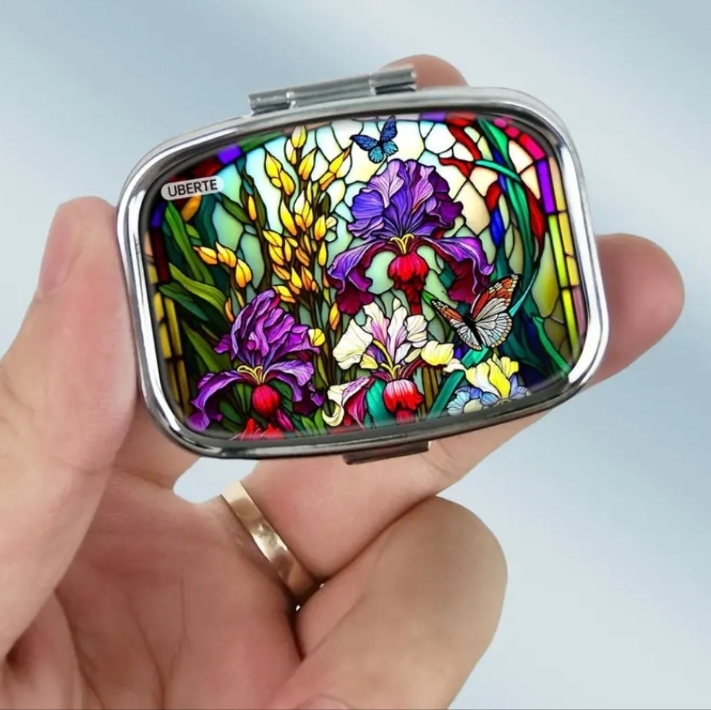 NEW! Colorful Stained Glass Style Floral Pill Box.
